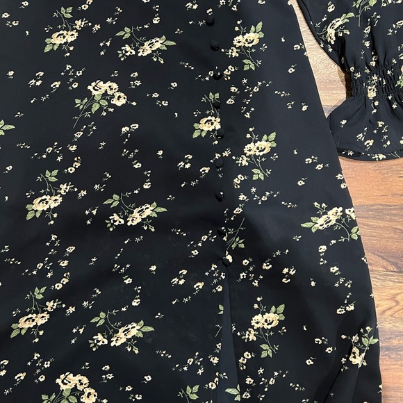 o.p.t Chic Black Floral Long Sleeve Dress Smocked Turtle Neck Long Dress - Picture 2 of 6